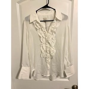 White button up ruffle blouse